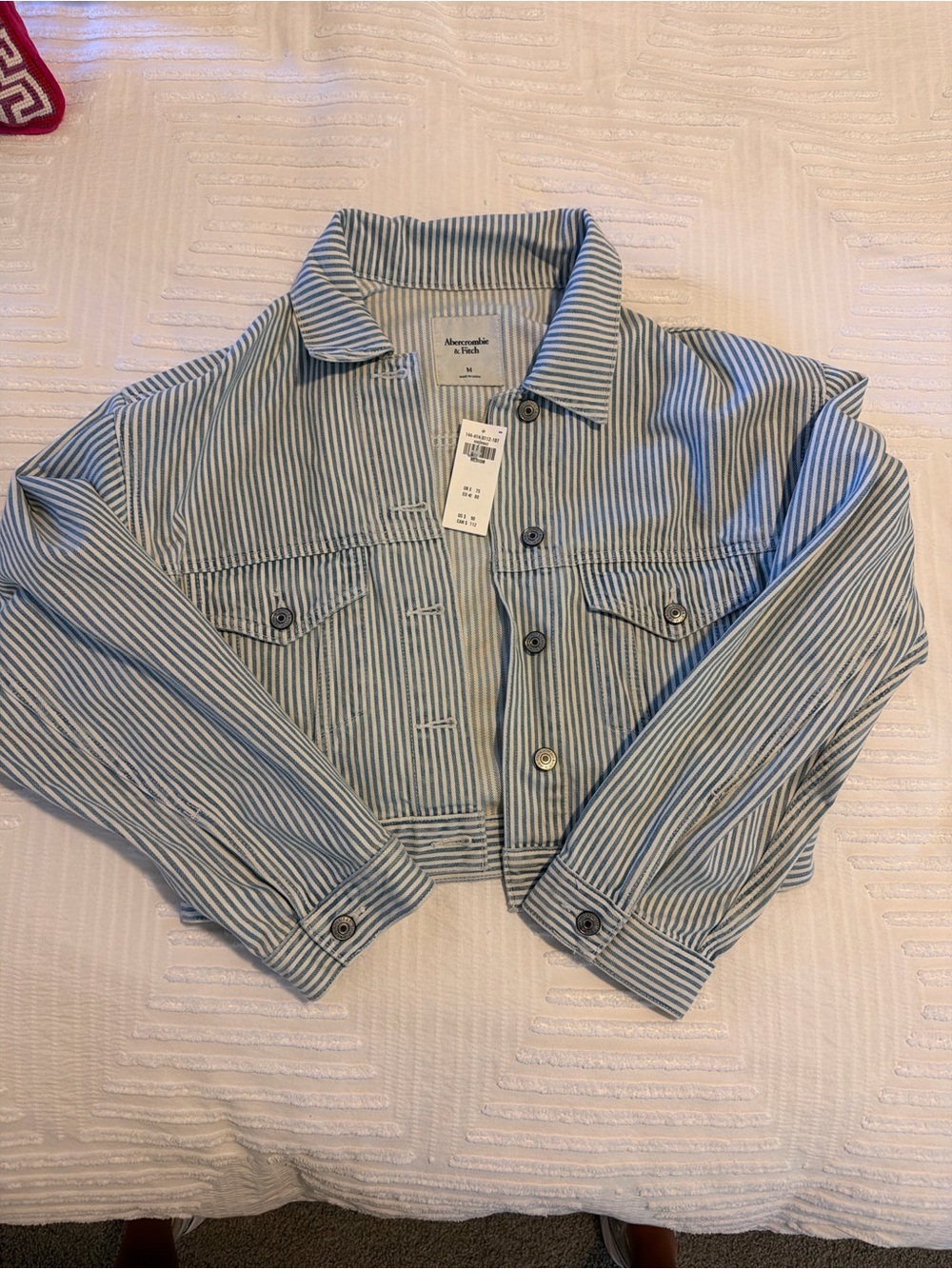 Abercrombie & Fitch Light Blue and White Striped Cropped Denim Jacket
